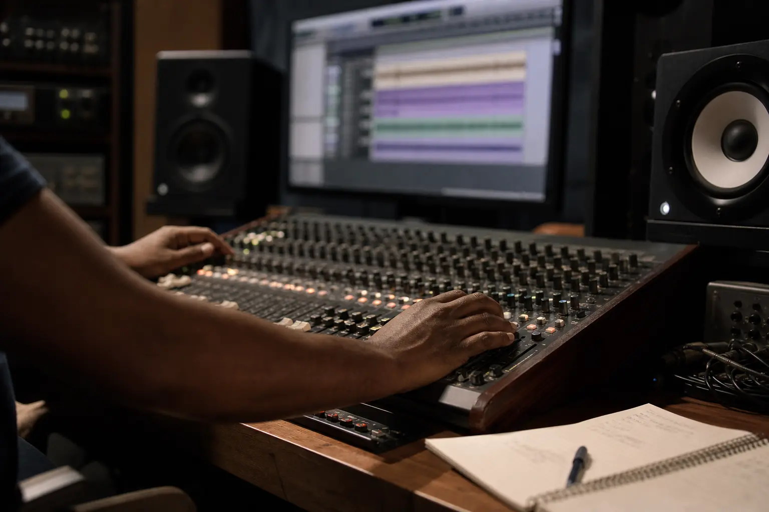 Audio engineer working at a mixing console